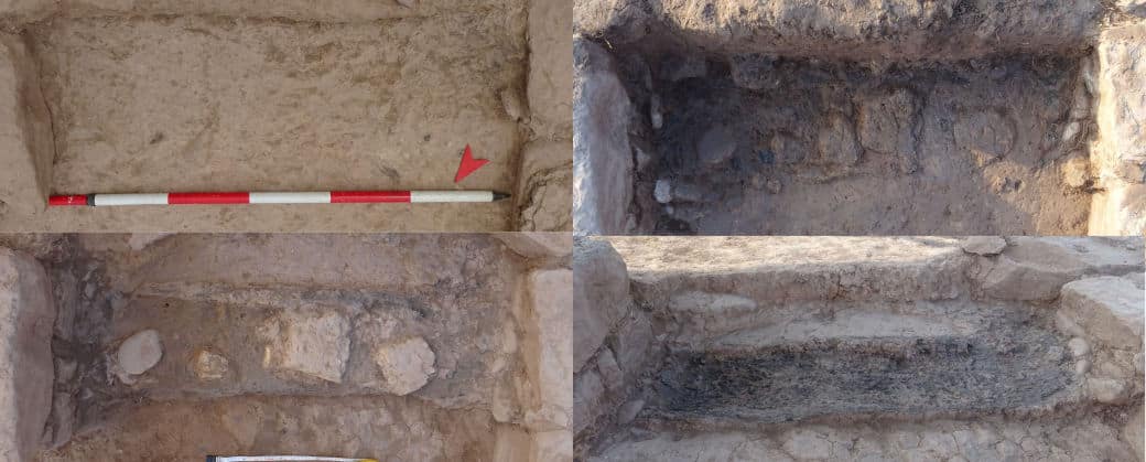 The wooden doorway was burned during the destruction of the settlement. From top to bottom and from left to right: when the threshold was still covered by the rubble from the walls; as part of the rubble was removed, the first charcoal pieces were exposed; the progress of the work shows how part of the clay from the fallen building was hardened by the fire (white blocks on top of the charcoal); the burned wooden lintel completely uncovered.